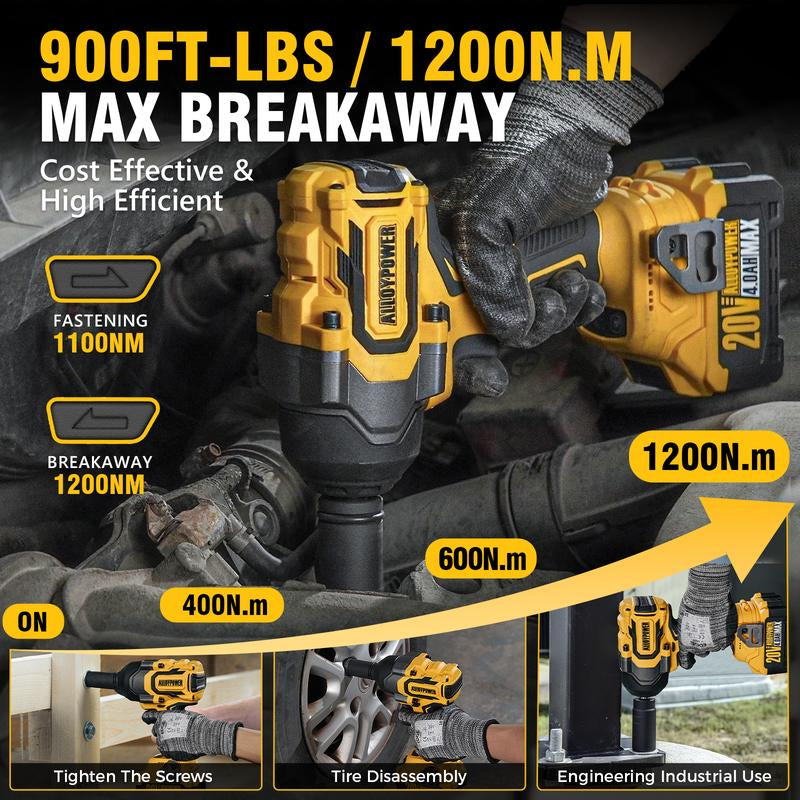Alloyman Cordless Impact Wrench, 900Ft-Lbs -1200N.M 1/2 High Torque Brushless Impact Gun, 20V Power Impact Driver, 2 × 4.0Ah Battery,3 Sockets, Brushless Motor Variable Speeds for Car/Truck Rv/Mower