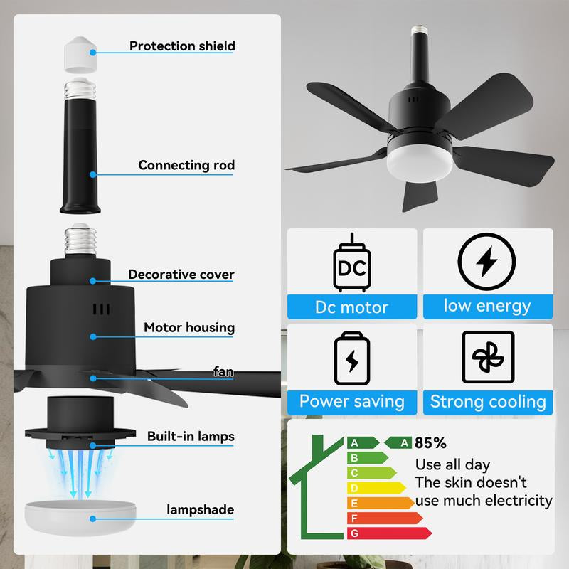 Socket Breeze Socket Fan Light with Remote, Portable Small Ceiling Fans with Lights for Bedroom, Kitchen, Living Room, Ceiling Fan with Light 3500K, 1000 Lumens, Screws into E27