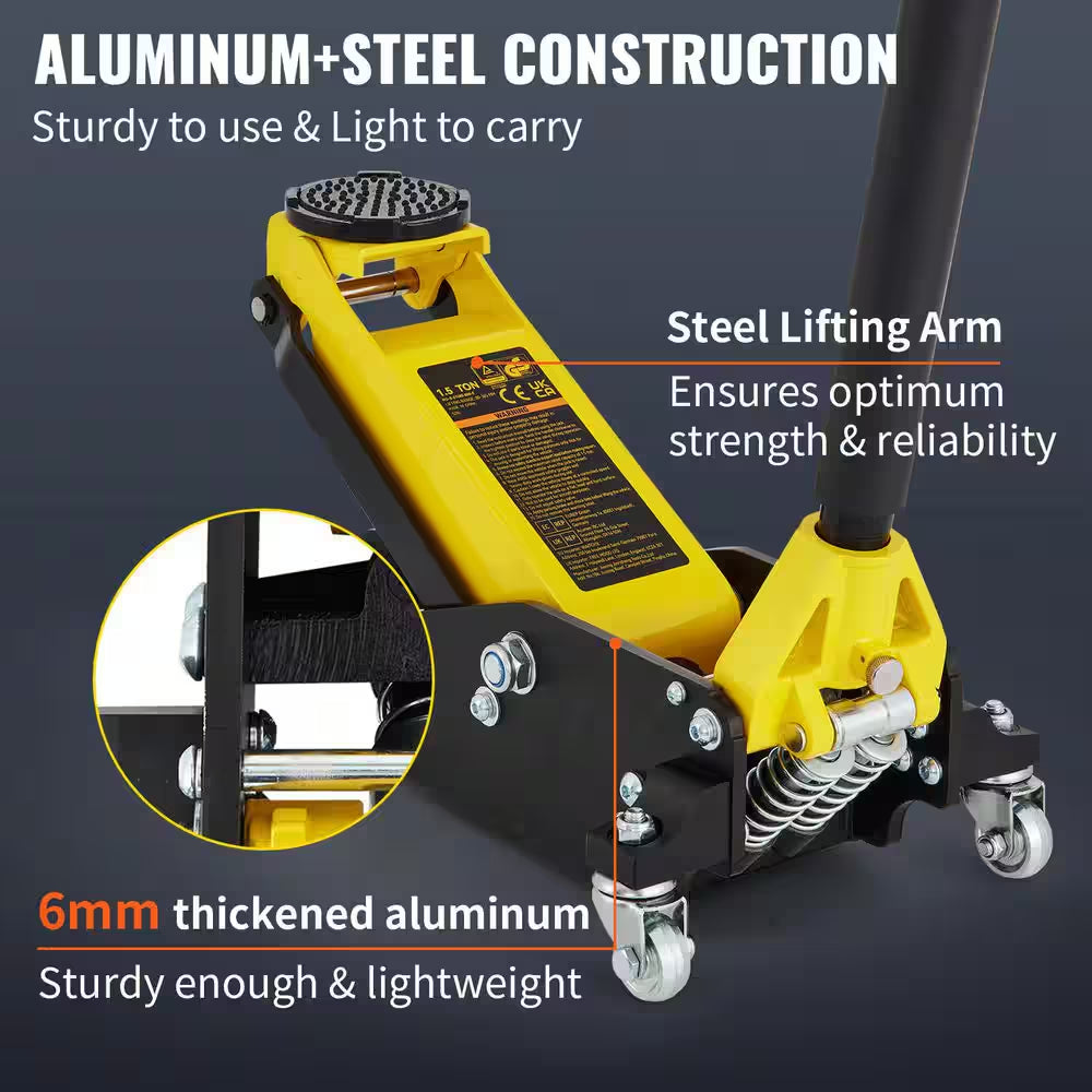 1.5 Ton Low Profile Aluminum Steel Racing Floor Jack Dual Pump Lift Car Heavy-Duty Steel Durable Aluminum Construction