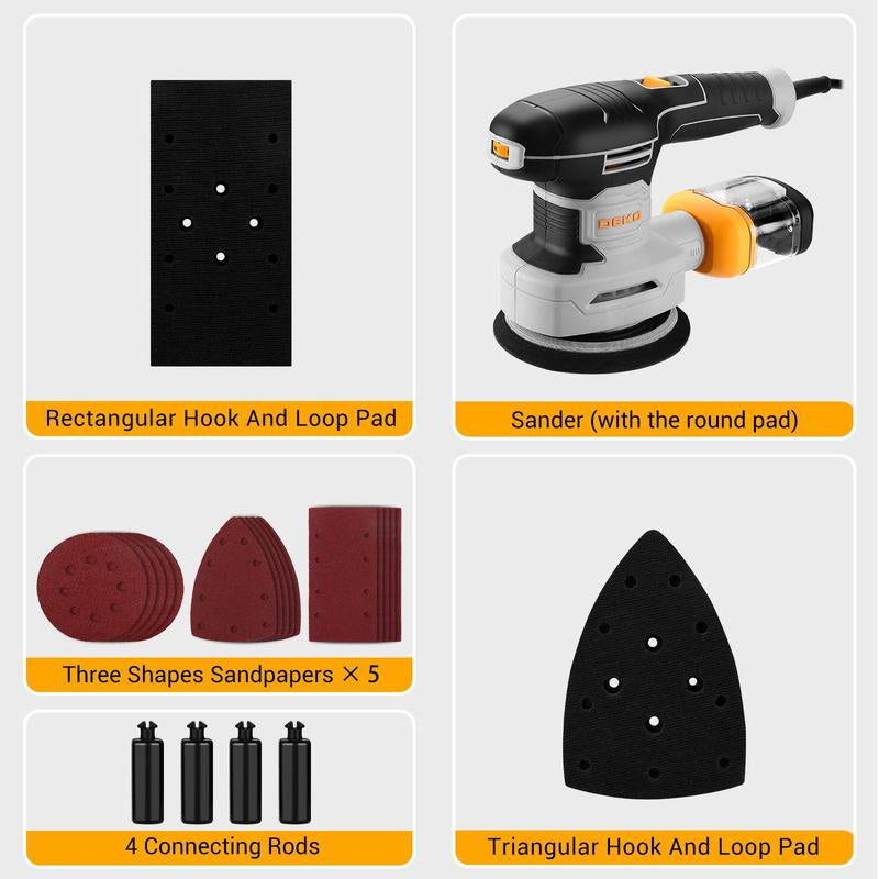 DEKOPRO Random Orbital Electric Sander with 16 Sandpapers, 14000RPM, 5-Inch, High Performance Dust Collection - for Woodworking
