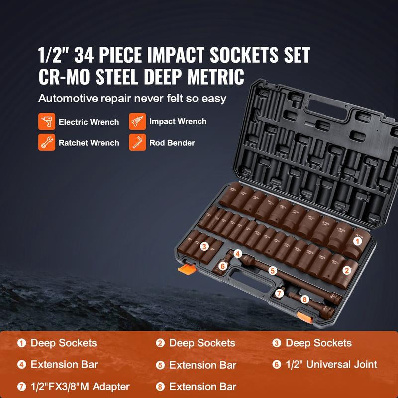 VEVOR 1/2" Drive Impact Socket Set, 65 Piece Socket Set SAE 3/8" to 1-1/4" and Metric 10-24Mm, 6 Point Cr-V Alloy Steel for Auto Repair, Rugged Construction, Easy-To-Read Size Markings, Storage Case Heavy Duty Fathersdaygift