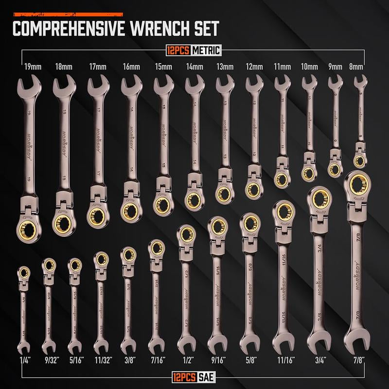 HORUSDY Flex-Head Ratcheting Wrench Set | Metric and SAE | Ratchet Combination Wrenches Set with Organizer | 72-Teeth | Chrome Vanadium Steel Hardware