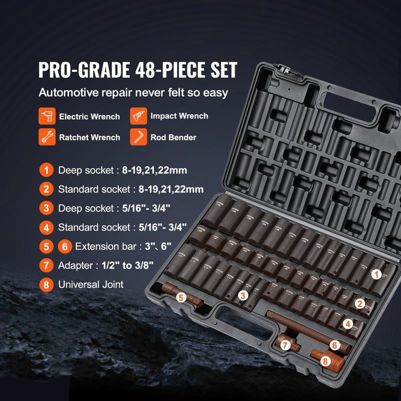 VEVOR 1/2" Drive Impact Socket Set, 65 Piece Socket Set SAE 3/8" to 1-1/4" and Metric 10-24Mm, 6 Point Cr-V Alloy Steel for Auto Repair, Rugged Construction, Easy-To-Read Size Markings, Storage Case Heavy Duty Fathersdaygift