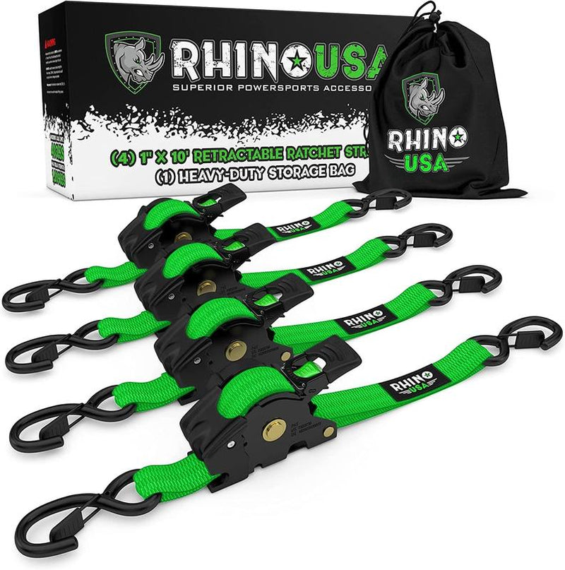 Rhino USA 1" X 10' Retractable Ratchet Straps (Select 2 Pack or 4 Pack) - Heavy Duty Self Retracting Tie down Straps for Truck, Cargo Trailer