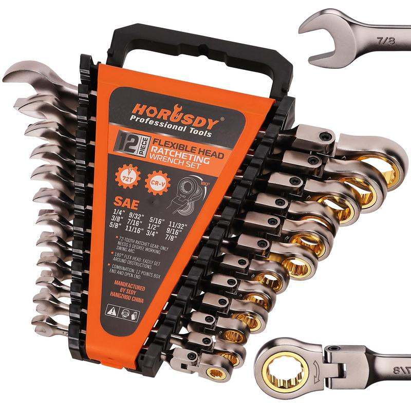 HORUSDY Flex-Head Ratcheting Wrench Set | Metric and SAE | Ratchet Combination Wrenches Set with Organizer | 72-Teeth | Chrome Vanadium Steel Hardware