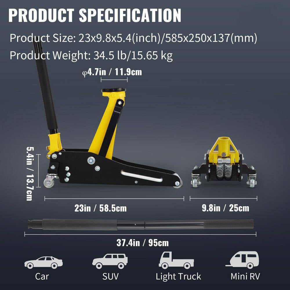1.5 Ton Low Profile Aluminum Steel Racing Floor Jack Dual Pump Lift Car Heavy-Duty Steel Durable Aluminum Construction