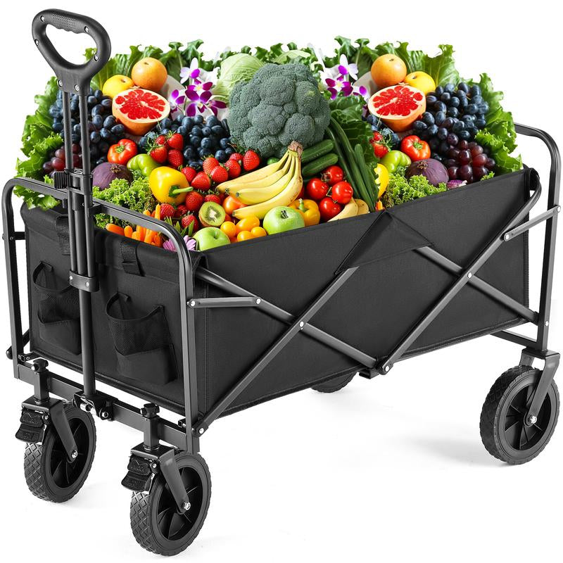 Collapsible Foldable Wagon Cart, Large Capacity Garden Beach Cart with All-Terrain Wheels, Heavy Duty Utility Grocery Wagon with Drink Holders for Shopping Sports Camping