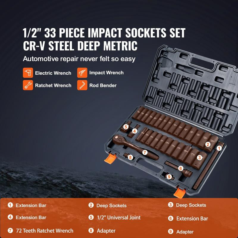 VEVOR 1/2" Drive Impact Socket Set, 65 Piece Socket Set SAE 3/8" to 1-1/4" and Metric 10-24Mm, 6 Point Cr-V Alloy Steel for Auto Repair, Rugged Construction, Easy-To-Read Size Markings, Storage Case Heavy Duty Fathersdaygift
