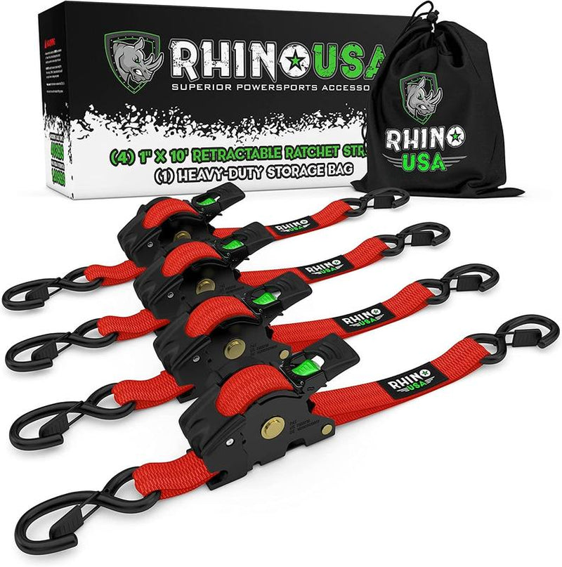 Rhino USA 1" X 10' Retractable Ratchet Straps (Select 2 Pack or 4 Pack) - Heavy Duty Self Retracting Tie down Straps for Truck, Cargo Trailer