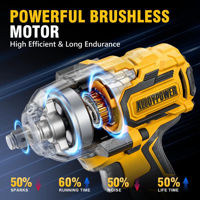 Alloyman Cordless Impact Wrench, 900Ft-Lbs -1200N.M 1/2 High Torque Brushless Impact Gun, 20V Power Impact Driver, 2 × 4.0Ah Battery,3 Sockets, Brushless Motor Variable Speeds for Car/Truck Rv/Mower