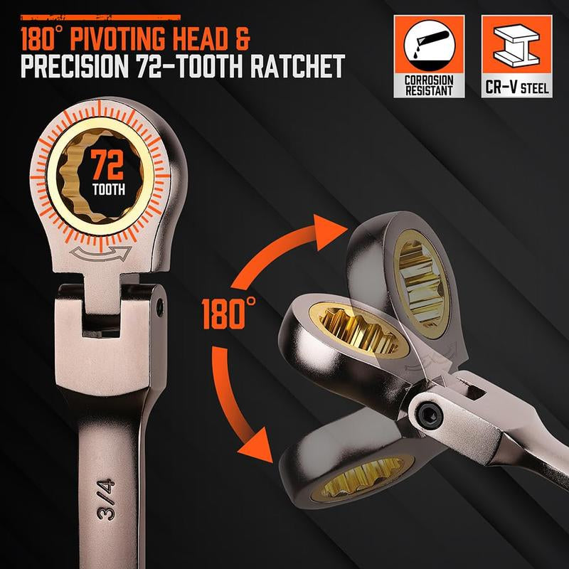 HORUSDY Flex-Head Ratcheting Wrench Set | Metric and SAE | Ratchet Combination Wrenches Set with Organizer | 72-Teeth | Chrome Vanadium Steel Hardware
