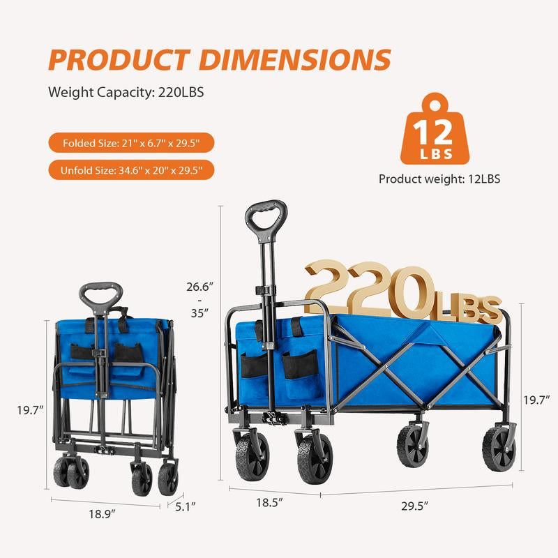 Collapsible Foldable Wagon Cart, Large Capacity Garden Beach Cart with All-Terrain Wheels, Heavy Duty Utility Grocery Wagon with Drink Holders for Shopping Sports Camping