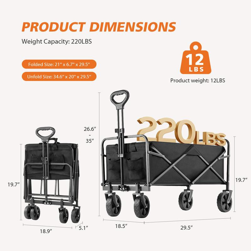Collapsible Foldable Wagon Cart, Large Capacity Garden Beach Cart with All-Terrain Wheels, Heavy Duty Utility Grocery Wagon with Drink Holders for Shopping Sports Camping