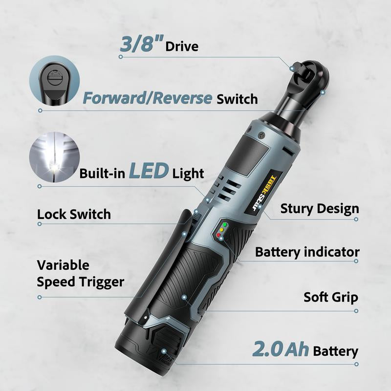 Taskstar Electric Ratchet Wrench 3/8 Inch, 40 Nm Cordless Wrench Set with Variable Speed Trigger, 12V 2X 2Ah Batteries & Fast Charger, 1/4" Adapter &7 Sockets for DIY, Installation, Car Repair