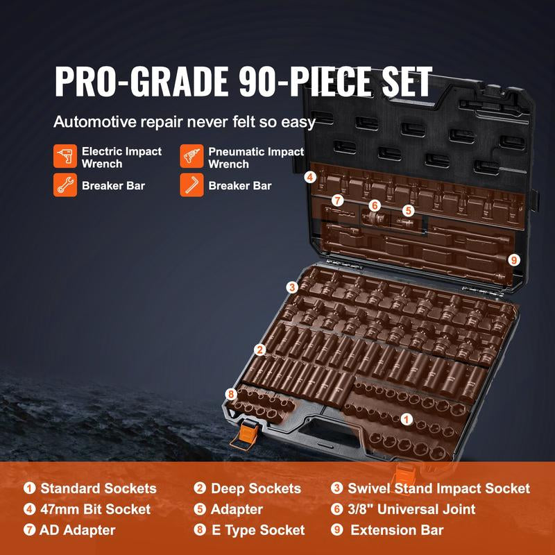 VEVOR 1/2" Drive Impact Socket Set, 65 Piece Socket Set SAE 3/8" to 1-1/4" and Metric 10-24Mm, 6 Point Cr-V Alloy Steel for Auto Repair, Rugged Construction, Easy-To-Read Size Markings, Storage Case Heavy Duty Fathersdaygift