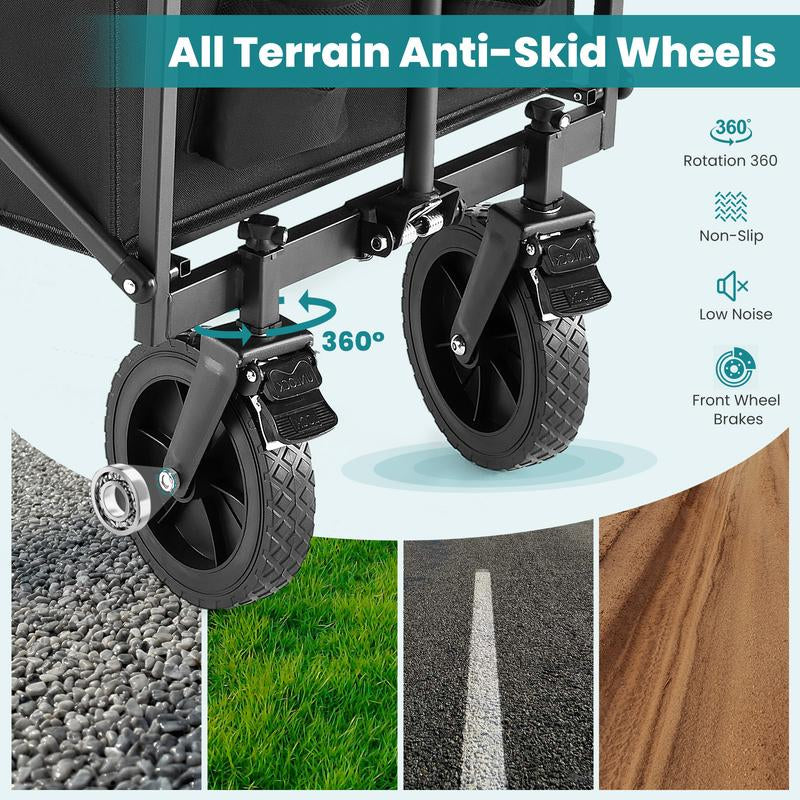 Collapsible Foldable Wagon Cart, Large Capacity Garden Beach Cart with All-Terrain Wheels, Heavy Duty Utility Grocery Wagon with Drink Holders for Shopping Sports Camping