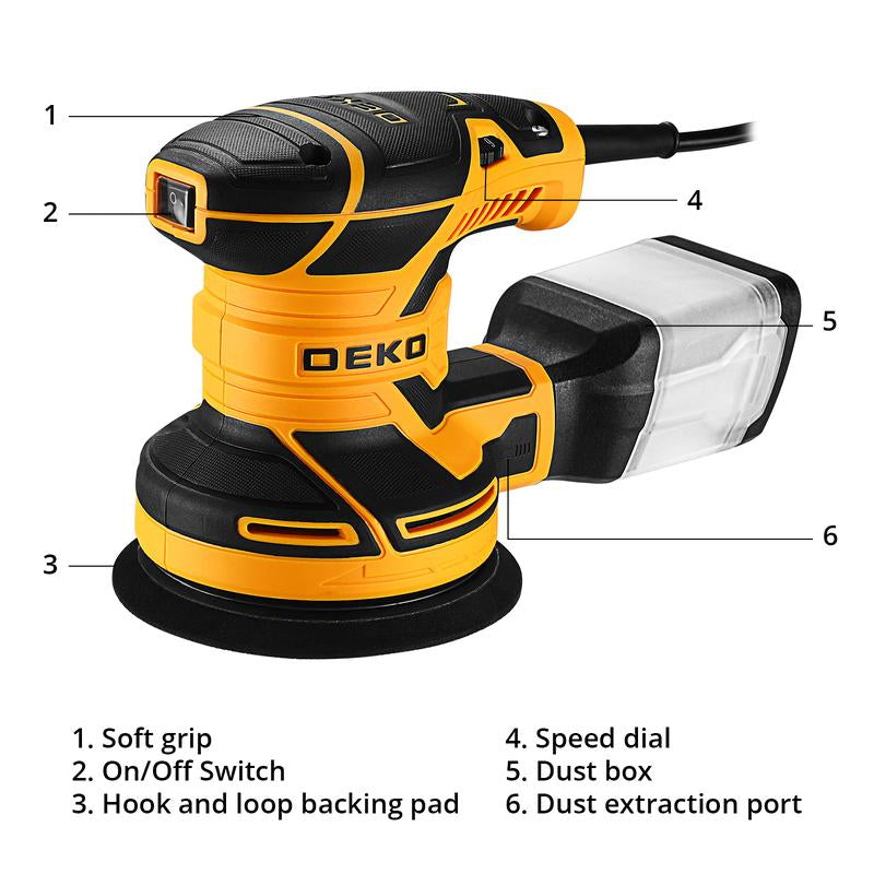 DEKOPRO Random Orbital Electric Sander with 16 Sandpapers, 14000RPM, 5-Inch, High Performance Dust Collection - for Woodworking