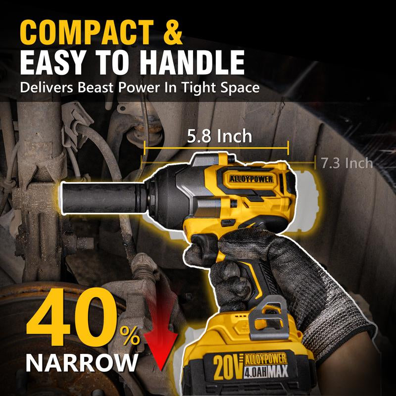 Alloyman Cordless Impact Wrench, 900Ft-Lbs -1200N.M 1/2 High Torque Brushless Impact Gun, 20V Power Impact Driver, 2 × 4.0Ah Battery,3 Sockets, Brushless Motor Variable Speeds for Car/Truck Rv/Mower