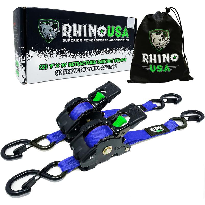 Rhino USA 1" X 10' Retractable Ratchet Straps (Select 2 Pack or 4 Pack) - Heavy Duty Self Retracting Tie down Straps for Truck, Cargo Trailer