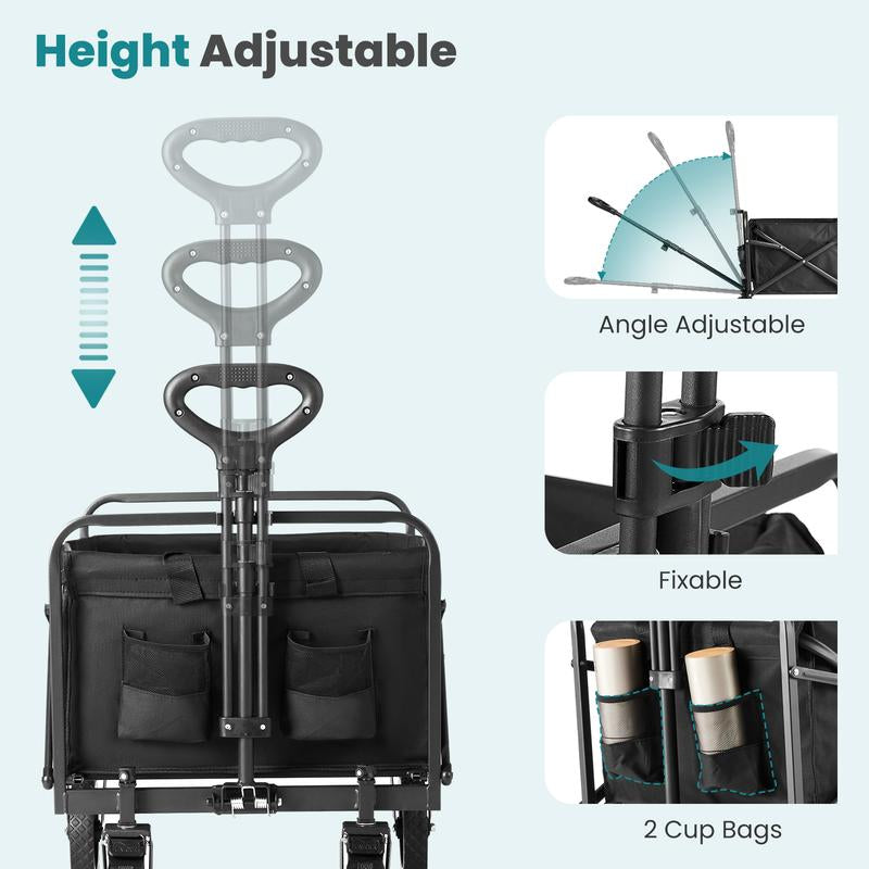 Collapsible Foldable Wagon Cart, Large Capacity Garden Beach Cart with All-Terrain Wheels, Heavy Duty Utility Grocery Wagon with Drink Holders for Shopping Sports Camping