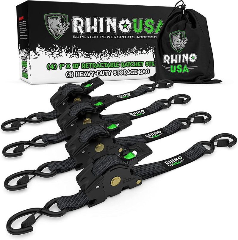 Rhino USA 1" X 10' Retractable Ratchet Straps (Select 2 Pack or 4 Pack) - Heavy Duty Self Retracting Tie down Straps for Truck, Cargo Trailer