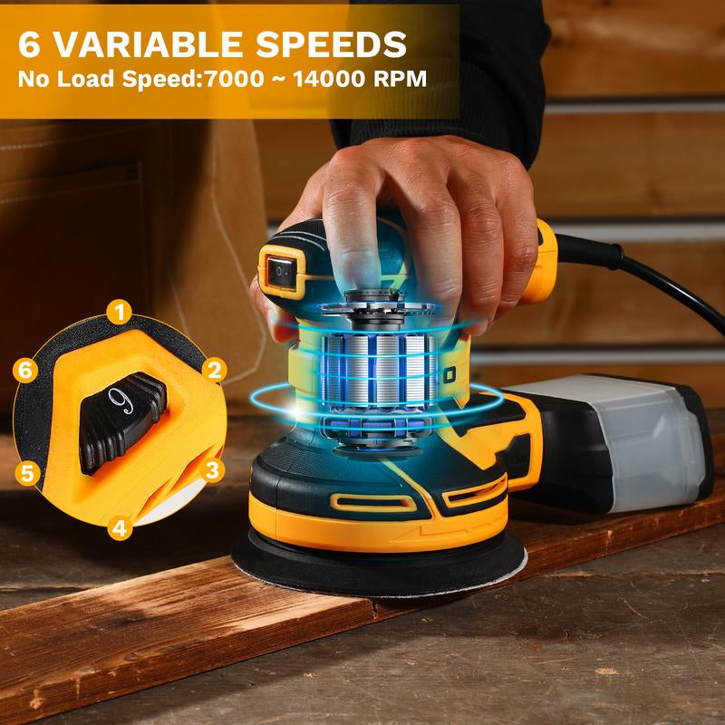 DEKOPRO Random Orbital Electric Sander with 16 Sandpapers, 14000RPM, 5-Inch, High Performance Dust Collection - for Woodworking