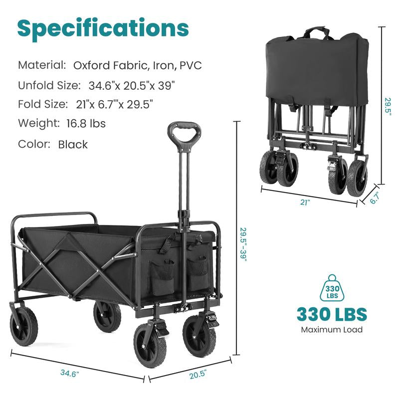 Collapsible Foldable Wagon Cart, Large Capacity Garden Beach Cart with All-Terrain Wheels, Heavy Duty Utility Grocery Wagon with Drink Holders for Shopping Sports Camping