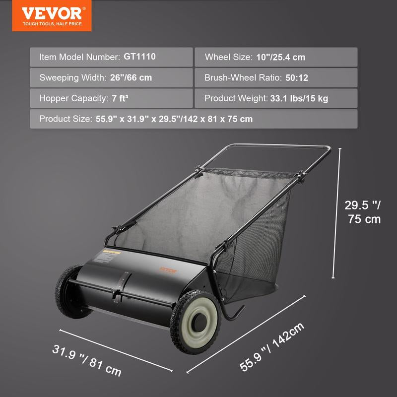 VEVOR Tow behind Lawn Sweeper, Pull behind Lawn Sweeper 50", 26 Cu. Ft Large Capacity Leaf & Grass Collector, with Adjustable Sweeping Height and Dumping Rope Design for Picking up Debris and Grass Powerful Spinning