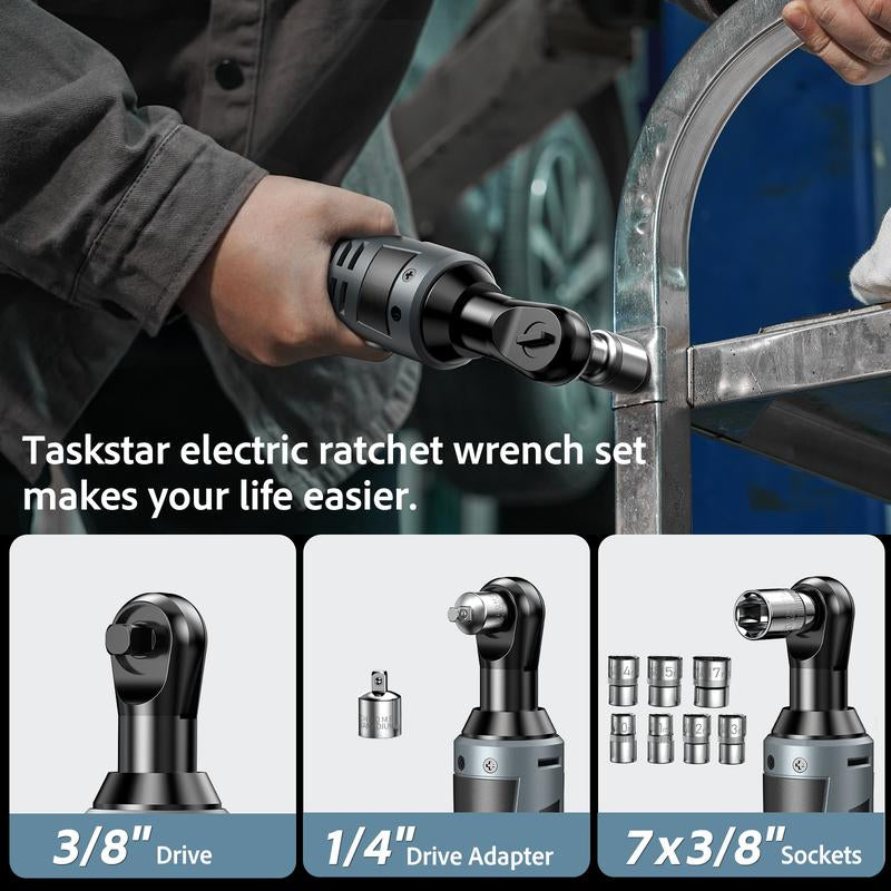 Taskstar Electric Ratchet Wrench 3/8 Inch, 40 Nm Cordless Wrench Set with Variable Speed Trigger, 12V 2X 2Ah Batteries & Fast Charger, 1/4" Adapter &7 Sockets for DIY, Installation, Car Repair