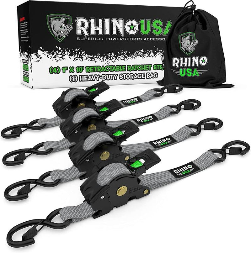 Rhino USA 1" X 10' Retractable Ratchet Straps (Select 2 Pack or 4 Pack) - Heavy Duty Self Retracting Tie down Straps for Truck, Cargo Trailer