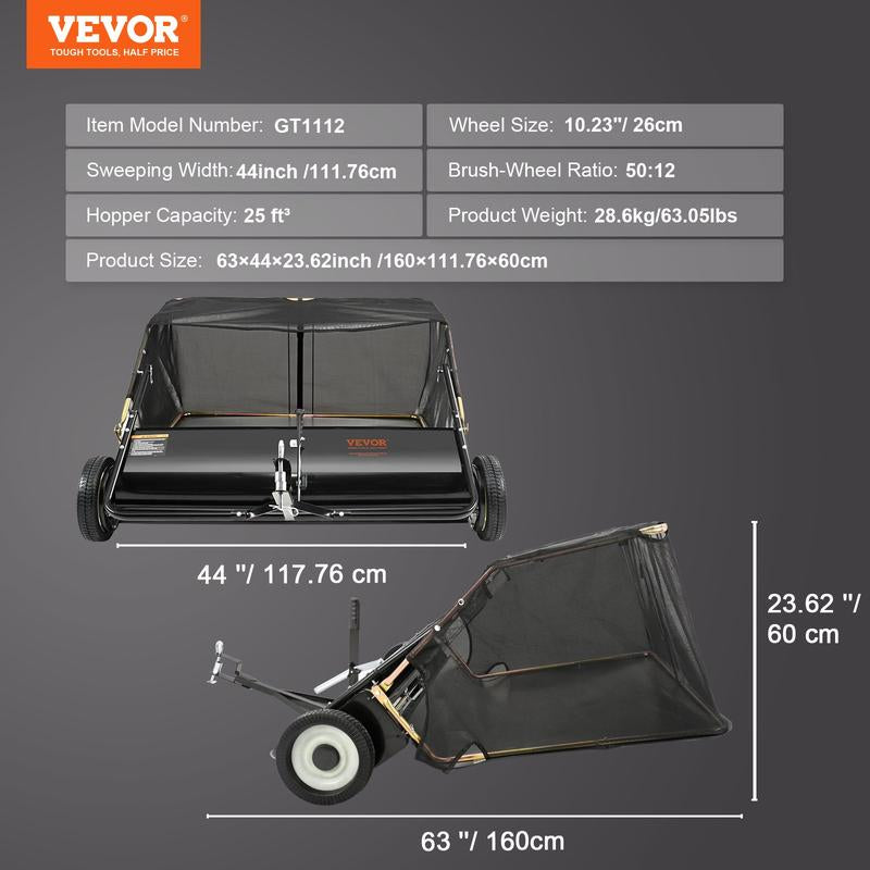 VEVOR Tow behind Lawn Sweeper, Pull behind Lawn Sweeper 50", 26 Cu. Ft Large Capacity Leaf & Grass Collector, with Adjustable Sweeping Height and Dumping Rope Design for Picking up Debris and Grass Powerful Spinning