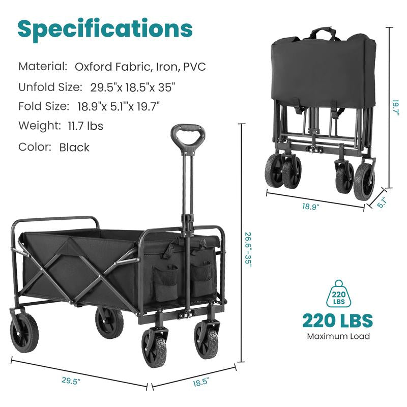 Collapsible Foldable Wagon Cart, Large Capacity Garden Beach Cart with All-Terrain Wheels, Heavy Duty Utility Grocery Wagon with Drink Holders for Shopping Sports Camping