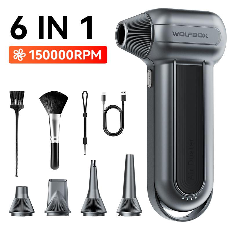 (6 in 1)WOLFBOX 150000RPM Super Power Electric 6000Ma Compressed Air Duster, Electric Leaf Blower Cordlessurbo Jet Blower, Handheld Leaf Blower and Charger Included,Leaf Blower for Lawn Care,Car Cleanning, Bbq,Leave and Dust Cleanning Fathersdaygift