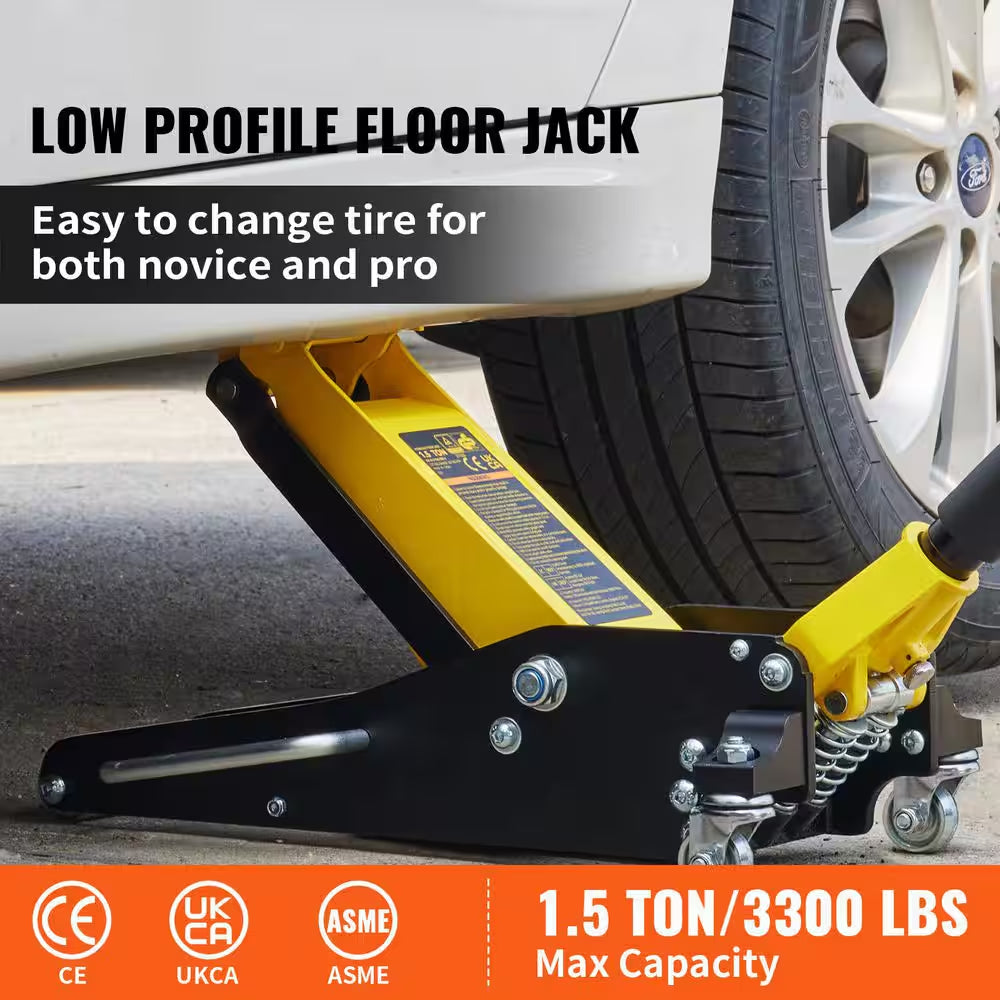 1.5 Ton Low Profile Aluminum Steel Racing Floor Jack Dual Pump Lift Car Heavy-Duty Steel Durable Aluminum Construction