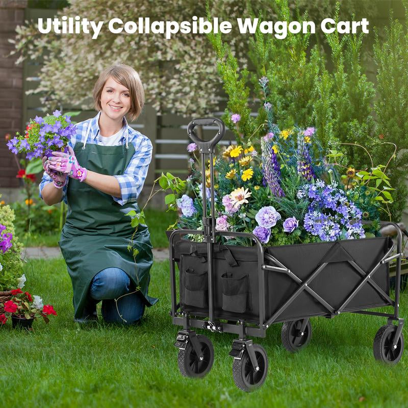 Collapsible Foldable Wagon Cart, Large Capacity Garden Beach Cart with All-Terrain Wheels, Heavy Duty Utility Grocery Wagon with Drink Holders for Shopping Sports Camping