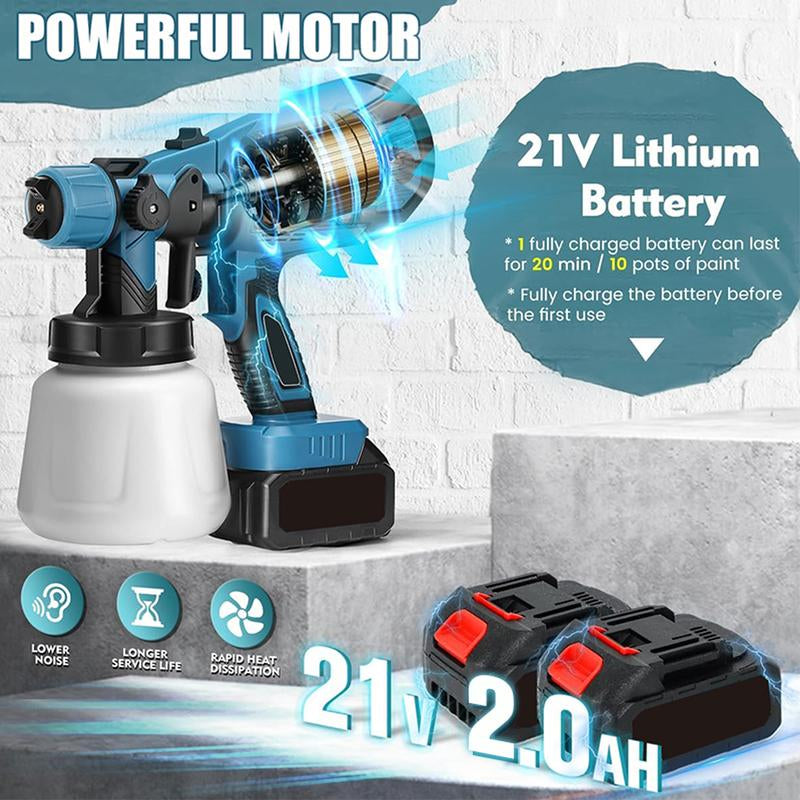 Cordless Paint Sprayer with 2 Batteries 21V 1000Ml Cordless Spray Paint Gun 3 Spray Modes 3 Nozzles Adjustable Flow Length for Home Interior Furniture Wall Door Latex (Style Blue)