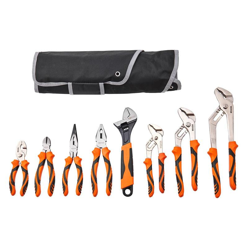 VEVOR 8-Piece Pliers Set, High Carbon Steel, 12"/10"/8" Groove Joint Pliers, 8" Linesman'S Pliers, 6" Slip Joint Pliers, 8" Long Nose Pliers, 6" Diagonal Cutter, 10" Adjustable Wrench, and Tool Bag