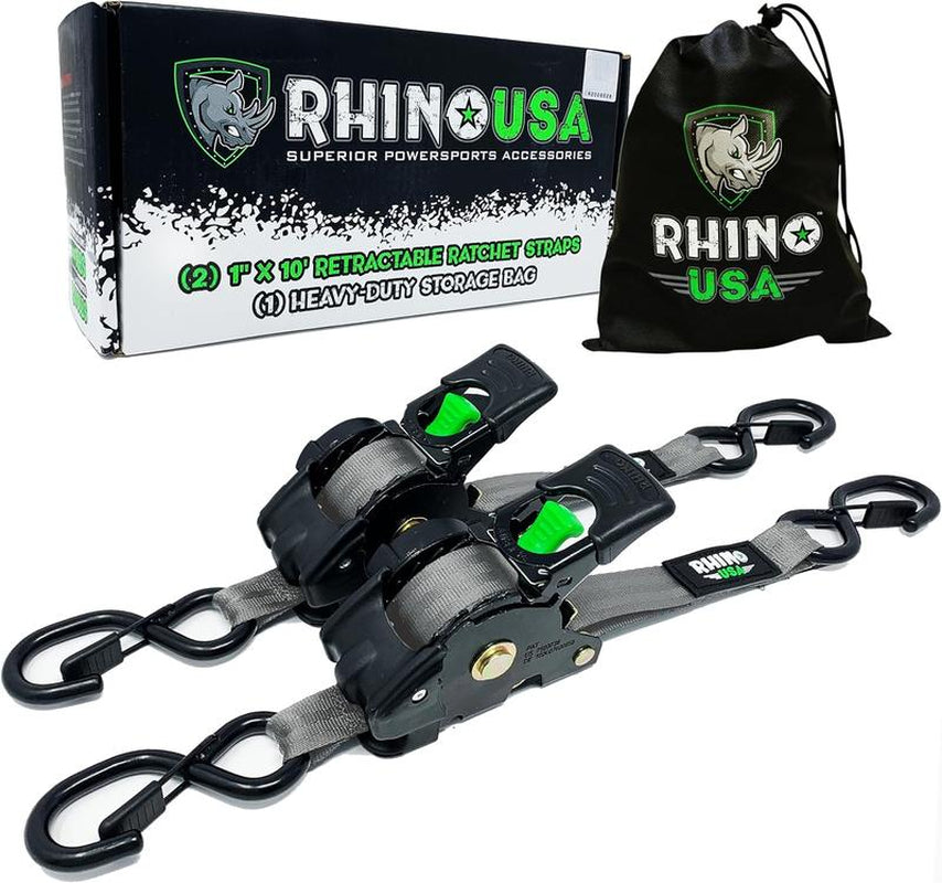 Rhino USA 1" X 10' Retractable Ratchet Straps (Select 2 Pack or 4 Pack) - Heavy Duty Self Retracting Tie down Straps for Truck, Cargo Trailer