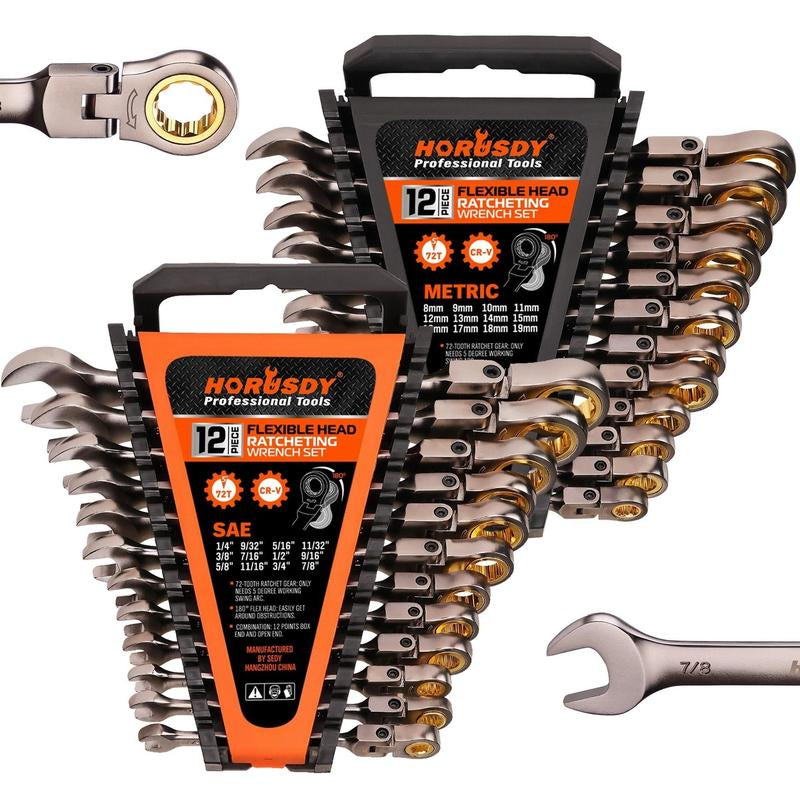 HORUSDY Flex-Head Ratcheting Wrench Set | Metric and SAE | Ratchet Combination Wrenches Set with Organizer | 72-Teeth | Chrome Vanadium Steel Hardware