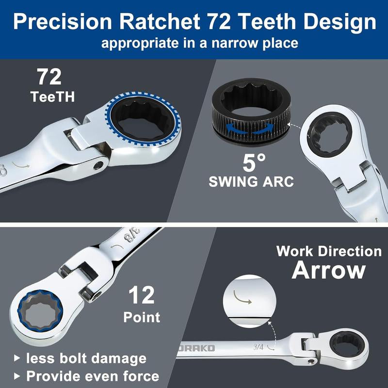 12 Piece SAE Combination Ratchet Wrench Kit, 1/4″ - 13/16″ Chrome Vanadium Steel Wrenches,Sorako Ratcheting Wrench Set Flex Head