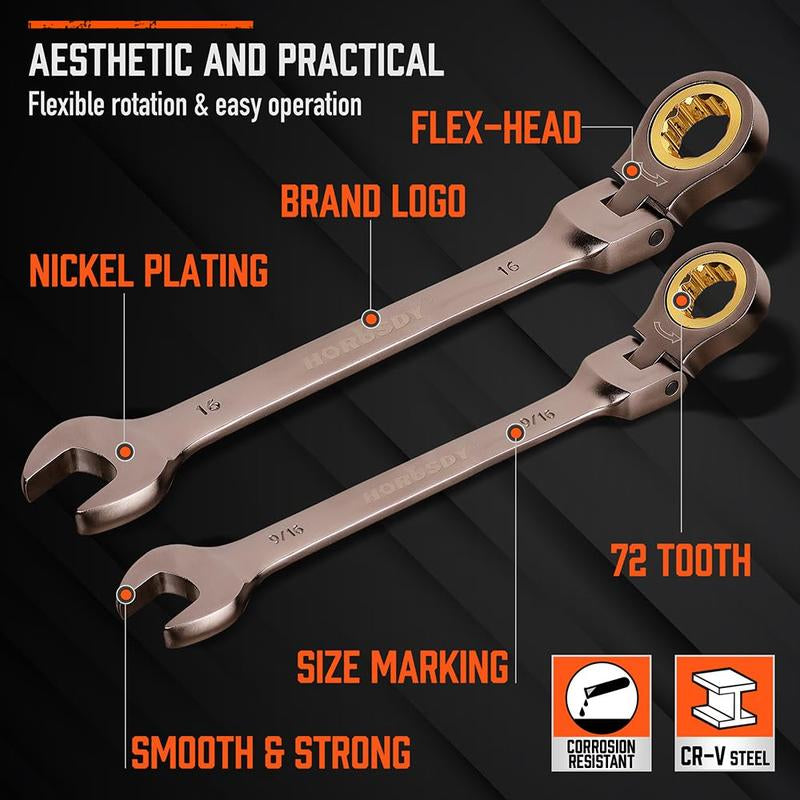 HORUSDY Flex-Head Ratcheting Wrench Set | Metric and SAE | Ratchet Combination Wrenches Set with Organizer | 72-Teeth | Chrome Vanadium Steel Hardware