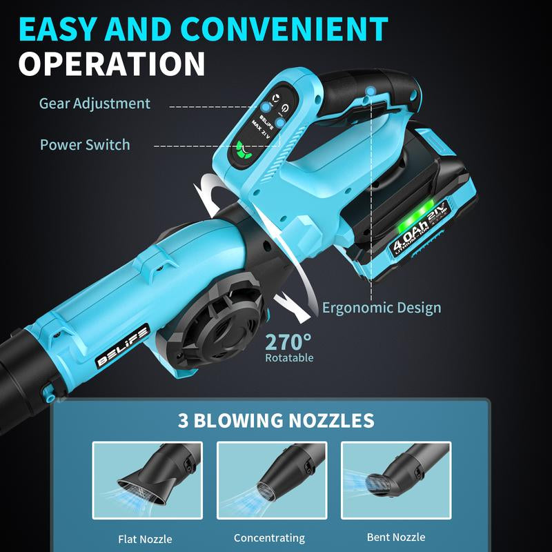 Belife L8 Cordless Leaf Blower, 21V Electric Mini Leaf Cleaner with 4.0Ah Battery & Charger, 190MPH/220CFM, Lightweight Battery Powered Handheld Small Blower for Patio Yard Lawn Care Snow Dust