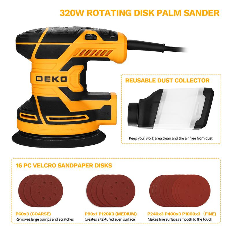 DEKOPRO Random Orbital Electric Sander with 16 Sandpapers, 14000RPM, 5-Inch, High Performance Dust Collection - for Woodworking