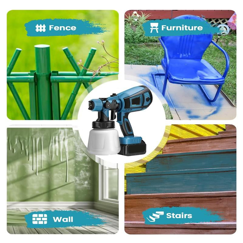 Cordless Paint Sprayer with 2 Batteries 21V 1000Ml Cordless Spray Paint Gun 3 Spray Modes 3 Nozzles Adjustable Flow Length for Home Interior Furniture Wall Door Latex (Style Blue)
