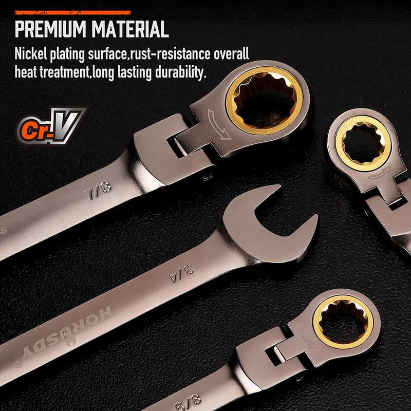 HORUSDY Flex-Head Ratcheting Wrench Set | Metric and SAE | Ratchet Combination Wrenches Set with Organizer | 72-Teeth | Chrome Vanadium Steel Hardware