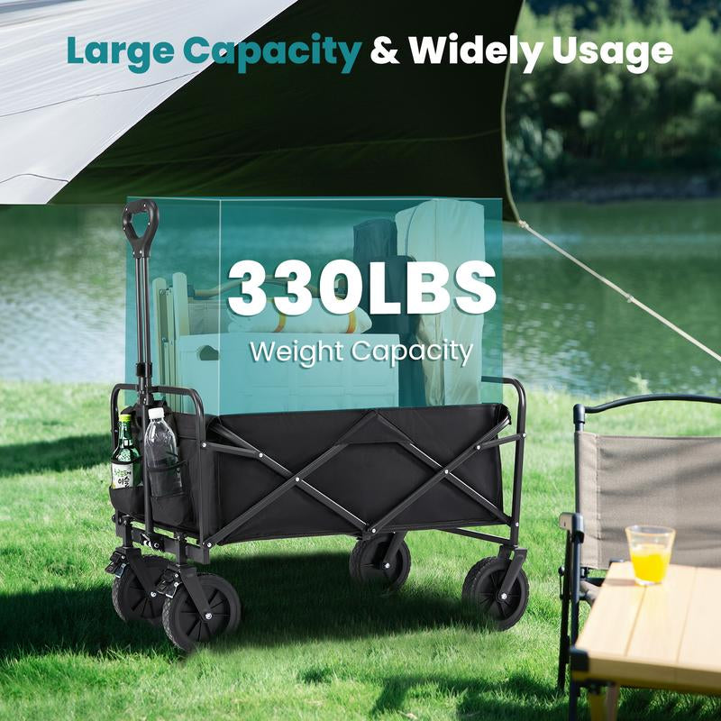 Collapsible Foldable Wagon Cart, Large Capacity Garden Beach Cart with All-Terrain Wheels, Heavy Duty Utility Grocery Wagon with Drink Holders for Shopping Sports Camping