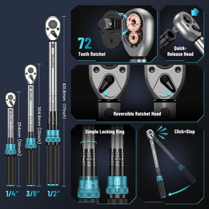 Seesii 8Pcs Click Torque Wrench Set (1/4", 3/8", 1/2" Drive) ±3% Ultra-Precise, 72-Tooth Dual Scale for Bike/Motorcycle/Car Repair,Ch450