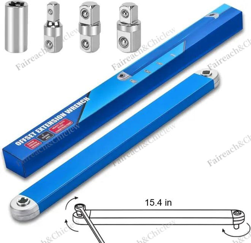 Offset Extension Wrench, Upgraded Impact Ready Extension Wrench Set, with 4Pcs 1/2", 1/4" and 3/8" Square Drive Adapters, 15" Socket Wrench Tool, Universal Extensions Wrench for Hard-To-Reach Place