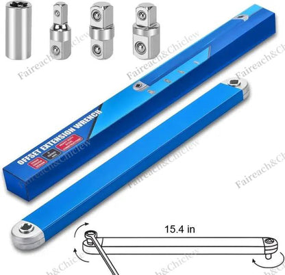 Offset Extension Wrench, Upgraded Impact Ready Extension Wrench Set, with 4Pcs 1/2", 1/4" and 3/8" Square Drive Adapters, 15" Socket Wrench Tool, Universal Extensions Wrench for Hard-To-Reach Place