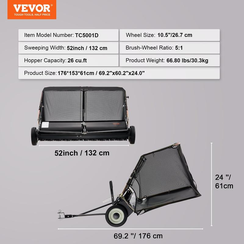 VEVOR Tow behind Lawn Sweeper, Pull behind Lawn Sweeper 50", 26 Cu. Ft Large Capacity Leaf & Grass Collector, with Adjustable Sweeping Height and Dumping Rope Design for Picking up Debris and Grass Powerful Spinning
